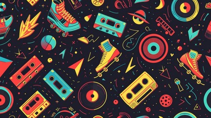 Obraz premium A 90s-inspired pattern of neon rollerblades, cassette tapes, and geometric shapes , flat design --chaos 15 --ar 16:9 --stylize 250 --v 6 Job ID: 7d916ab7-aad5-44f7-8fa8-df1a37128a0e