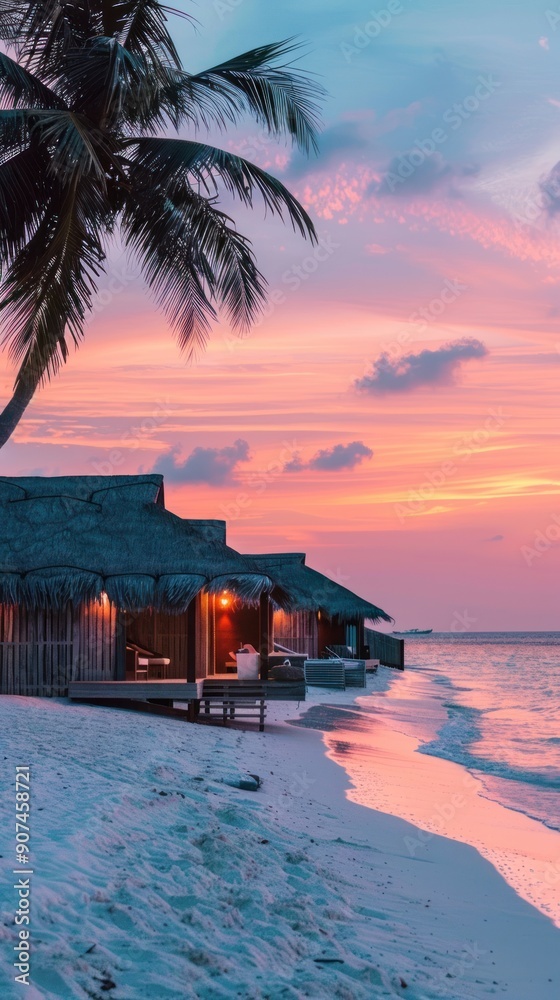 Sticker Tropical beach huts at sunset.