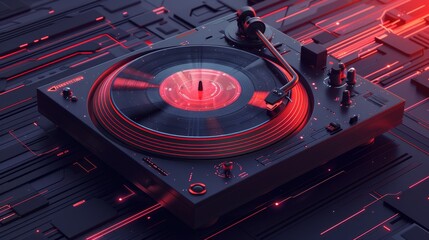 Close-up of a DJ mixer, turntable, and record showcasing the intricate details of music production...