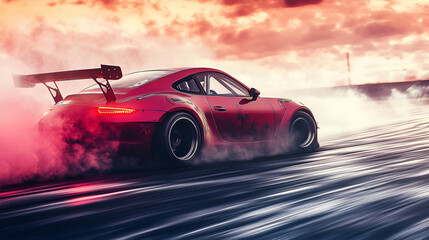 Red Sports Car Drifting at Sunset Creating a Dramatic Smoke and Light Effect on the Track