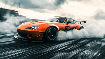 Orange Sports Car Drifting on a Wet Road Creating Dynamic Smoke Trails and Motion Blur