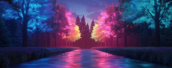 A breathtaking rear view of a fantasy forest bathed in vibrant