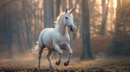 Obraz premium A graceful unicorn galloping through a misty forest at dawn