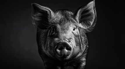 Naklejka premium Detailed Frontal Portrait of a Pig: Black and White Study. Generative AI