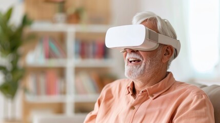 Happy elderly using technology virtual reality glasses, senior activity concept.