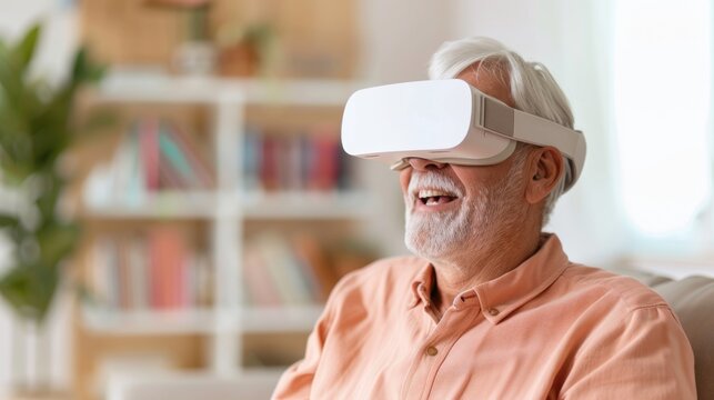 Happy elderly using technology virtual reality glasses, senior activity concept. 