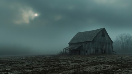 Rusty wooden barn stands alone in a misty field, its silhouette stark against a stormy sky
