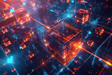 Obraz premium abstract background with glowing lights data cube technology concept. Futuristic technology abstract background with lines and cubes, big data, data center,