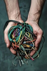 Contemplate the impact of electronic waste with a close-up of hands holding tangled old charging