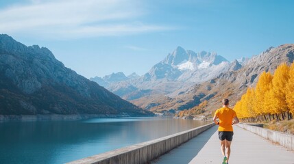 Happy elderly man jogging along the rustic countryside. Senior activity concept. 