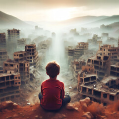boy looking at the ruined city