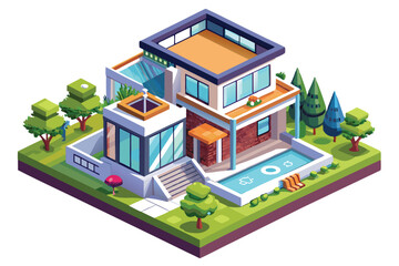 Isometric Illustration of a Modern House with a Swimming Pool and Surrounding Landscaping