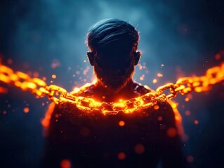 Fototapeta premium Ethereal man with glowing chains, cosmic background, Man in glowing chains, Spiritual struggle and enlightenment