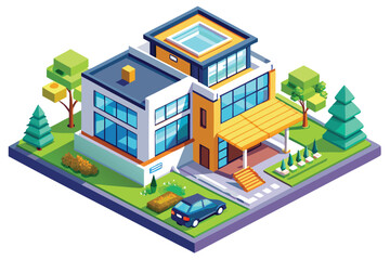 Modern House with Rooftop Pool and Yard in Isometric View
