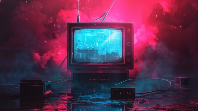 Black and white photo of old TV set with computer screen and monitor in retro style