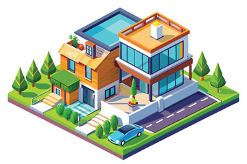 Modern Two-Story House with Pool, Yard, and Car