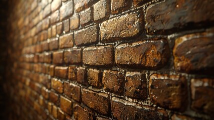 Close-up view capturing the detailed texture and moisture of an old brick wall, emphasizing its rough and weathered surface.