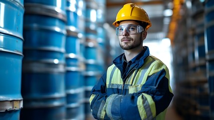 Portrait of a factory safety coordinator ensuring proper handling of hazardous materials