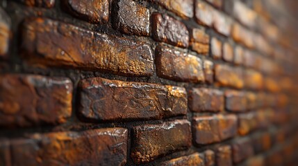 Close-up view capturing the detailed texture and moisture of an old brick wall, emphasizing its rough and weathered surface.