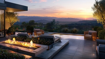 A luxurious terrace lounge with a chic fire feature, comfortable seating, and an expansive view of a picturesque valley at sunset.