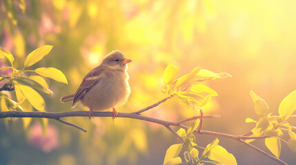 A bird perched on a sunlit branch with soft shadows and highlights, creating a clean and high-quality image with natural lighting