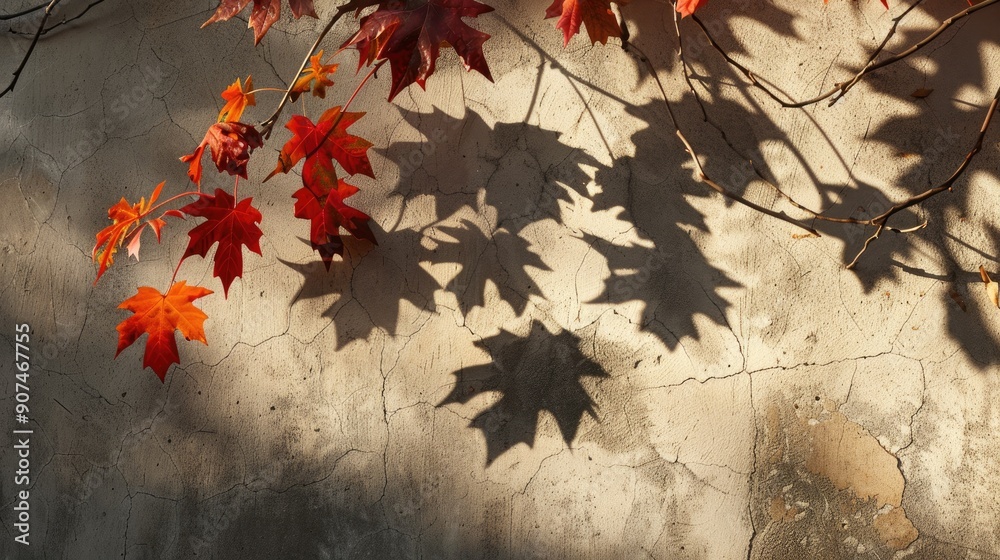 Sticker maple tree leaves casting shadow on wall in abstract autumn scene