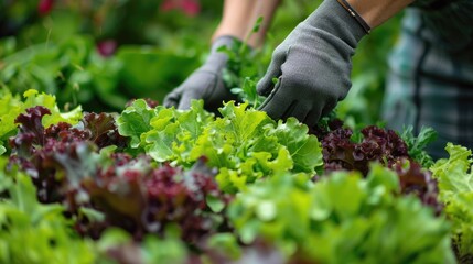 Fototapeta premium person wearing gloves picking salad vegetables from the garden