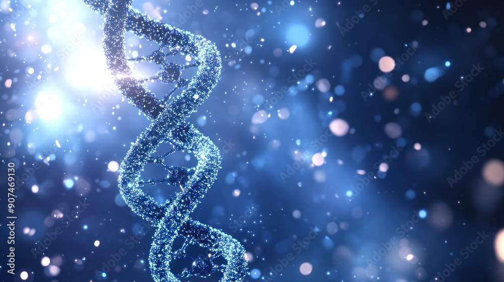 Poster glowing dna double helix on blue background with bokeh