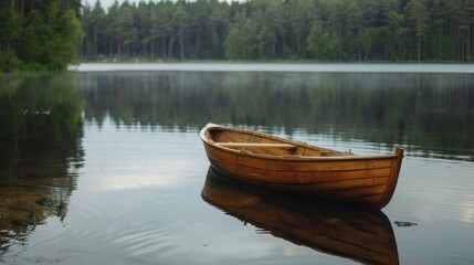 A small wooden rowboat on a calm lake with reflections of surrounding trees.