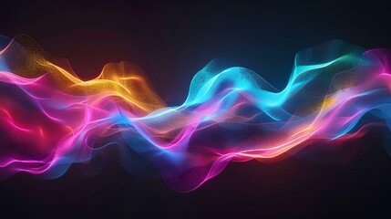 Fototapeta premium 3D render, colorful neon glowing wave on black background, abstract design for poster, banner, cover photo, wallpaper