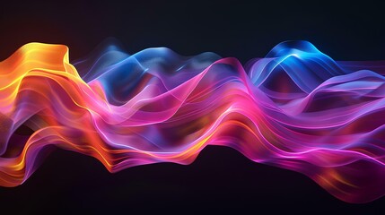 Obraz premium 3D render, colorful neon glowing wave on black background, abstract design for poster, banner, cover photo, wallpaper