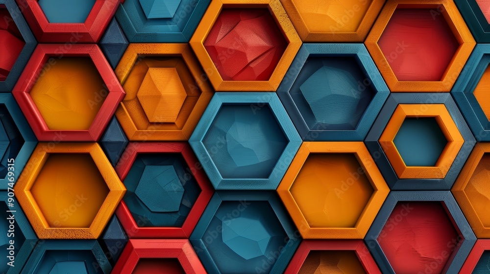 Poster Abstract hexagonal honeycomb pattern backdrop with metallic 3D geometric design