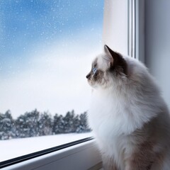 animal concept. Cute ragdoll cat kitty kitten looking out longingly of the window at snow sky