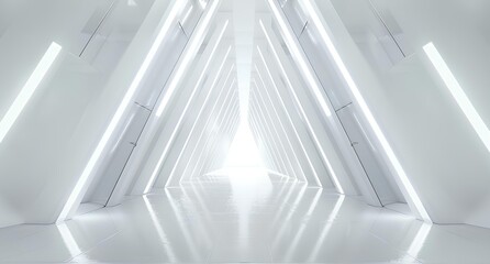 Obraz premium white futuristic background with long corridor and glowing lights in the form of triangle on white wall. Abstract sci-fi interior design for presentation, banner or cover. Space station concept 