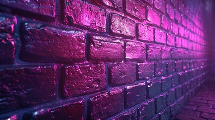 A brick wall with a pink hue and a blurry background. Neon lights. The wall appears to be wet and has a shiny, reflective surface. Scene is one of mystery and intrigue, as the blurry background