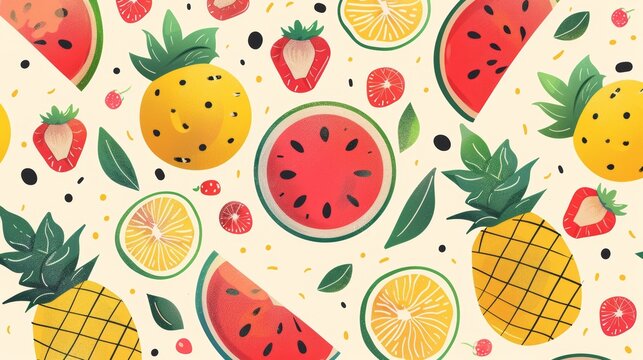 Vibrant fruit vector seamless pattern with apple, orange, lemon, watermelon, strawberry, pineapple, kiwi, banana, pear, papaya icons - Powered by Adobe