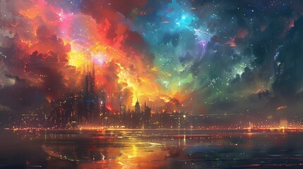 Obraz premium Mystical nebula swirls in cosmic dance, stardust ignites, painting infinity with celestial hues