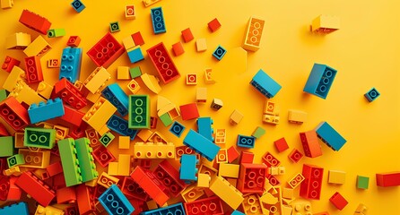 A colorful of bricks floating in the air, creating abstract and playful composition on yellow background create visual depth evoking fun, creative feelings. children's toys and building blocks.