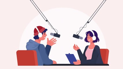 Female host in conversation with a male guest, both wearing headphones and speaking into microphone. Flat design characters engaging live streaming podcast scene. Vlog, social media concepts. Looped.