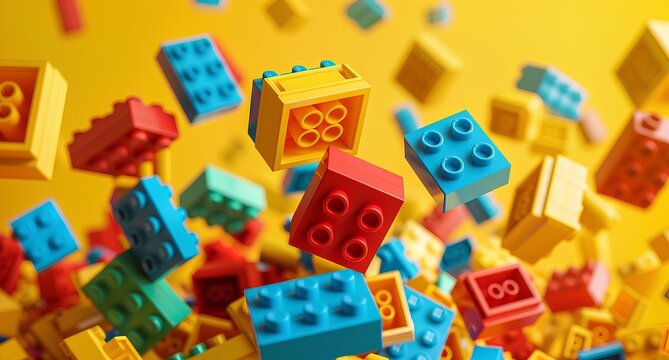 A colorful of bricks floating in the air, creating abstract and playful composition on yellow background create visual depth evoking fun, creative feelings. children's toys and building blocks.