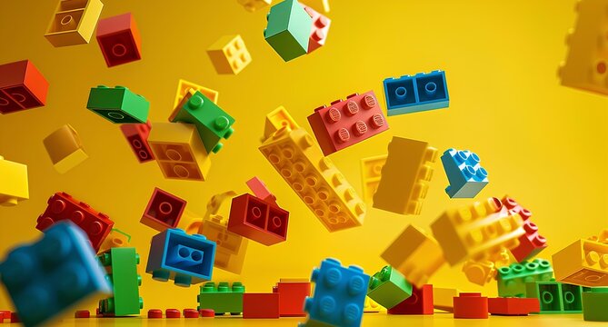 A colorful of bricks floating in the air, creating abstract and playful composition on yellow background create visual depth evoking fun, creative feelings. children's toys and building blocks. - Powered by Adobe