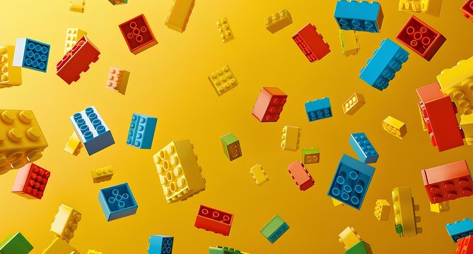 A colorful of bricks floating in the air, creating abstract and playful composition on yellow background create visual depth evoking fun, creative feelings. children's toys and building blocks.