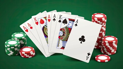 Poker set with isolated cards on a green background. Poker cards  full deck. Realistic 3d vector illustration isolate white background