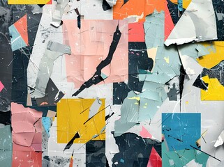 Fototapeta premium Abstract collage of torn paper and painted textures, design elements and the gritty feel of city streets, street art or urban graffiti, evoke feelings like creativity, curiosity, nostalgia, mystery.