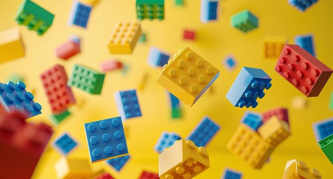 A colorful of bricks floating in the air, creating abstract and playful composition on yellow background create visual depth evoking fun, creative feelings. children's toys and building blocks.