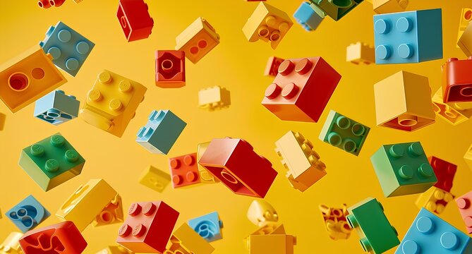 A colorful of bricks floating in the air, creating abstract and playful composition on yellow background create visual depth evoking fun, creative feelings. children's toys and building blocks.