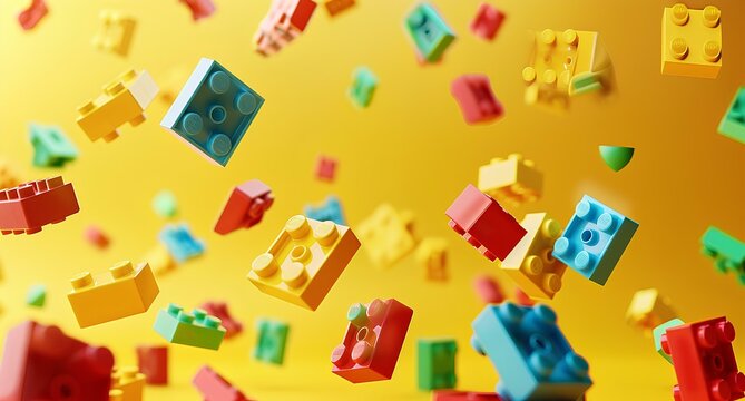A colorful of bricks floating in the air, creating abstract and playful composition on yellow background create visual depth evoking fun, creative feelings. children's toys and building blocks. - Powered by Adobe