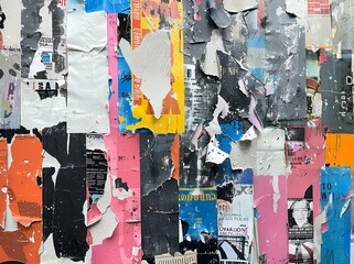 Naklejka premium Abstract collage of torn paper and painted textures, design elements and the gritty feel of city streets, street art or urban graffiti, evoke feelings like creativity, curiosity, nostalgia, mystery.