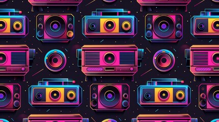 Black and white vector icons of vintage media equipment, camera, cassette tape, speaker, and radio for digital design