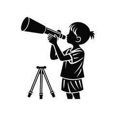 silhouette looking child sitting pose through binoculars and telescopes

